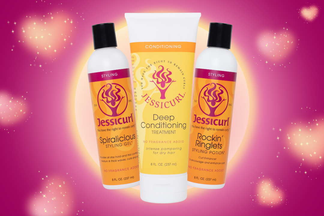 three different 8oz Jessicurl conditioners grouped together against a bright pink background with sparkle hearts around the bottles
