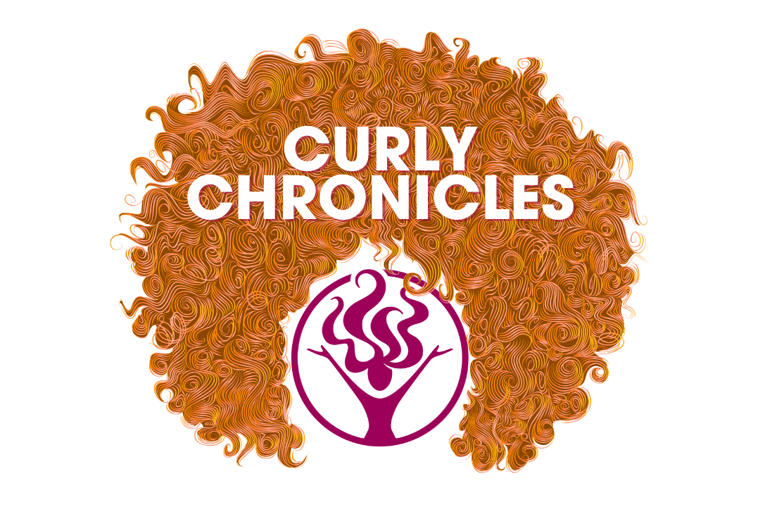 Jessicurl logo in plum surrounded by orange-red curly hair with the text CURLY CHRONICLES in white superimposed on it