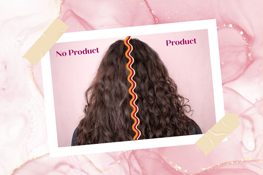photo of back on woman's head divided in half to show one half has no product in the hair, and the other half has product in it