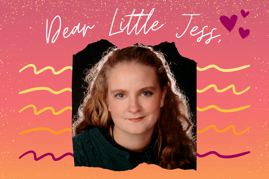 photo of red curly haired younger girl collaged on a pink background with text that says "Dear Little Jess"