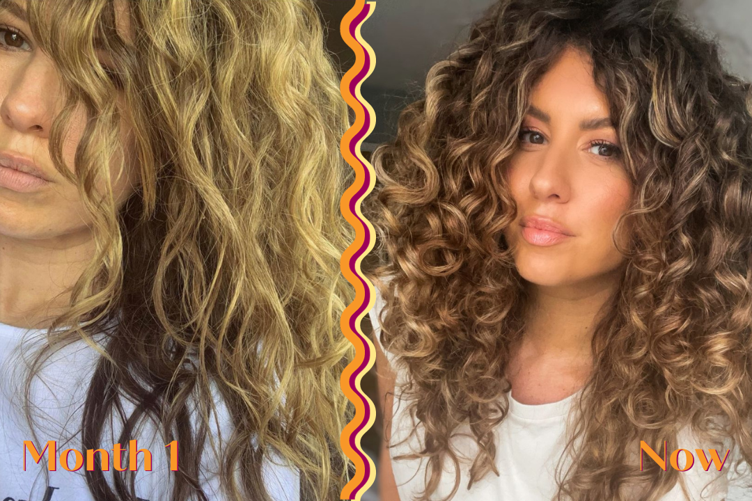 woman showing hair before and after using Jessicurl product, orange, red, and yellow squiggly lines separating the two pictures