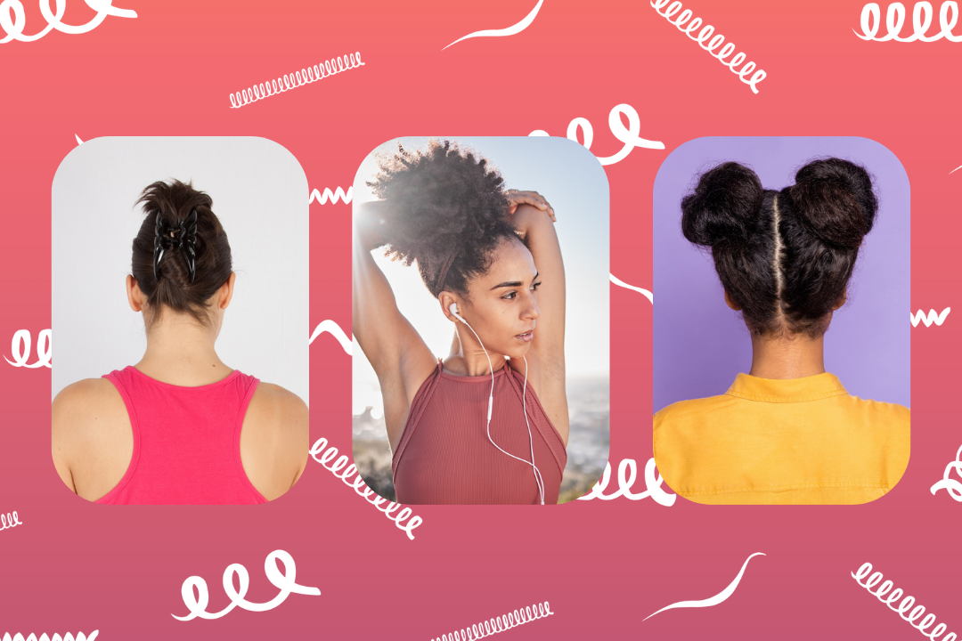 background of drawn curl patterns with three pictures of woman superimposed, each woman has her hair up in a different hair style, ready to work out