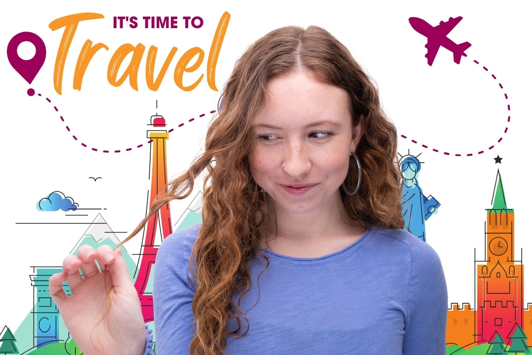 curly haired woman playing with a piece of hair with a graphic of landmarks behind here with the text "It's time to travel"