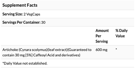 Nutrition table for Solaray, Artichoke 300 mg - 60 Veg Caps