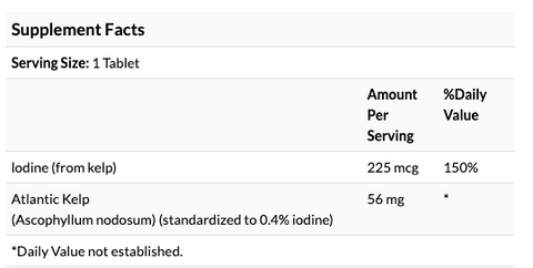 nutritional label for Swanson Kelp 250 tablets iodine 225mcg