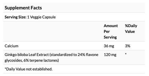 Swanson, Ginkgo Biloba Extract, 120 mg, 100 Veggie DRcaps nutritional label