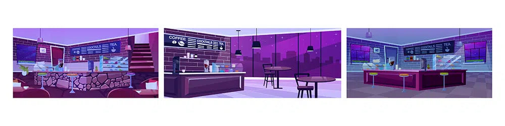 cafe furnitures cartoon drawing different areas