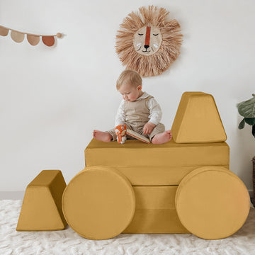 A child plays with a simulated car built by Play Couch 8-piece solid colour