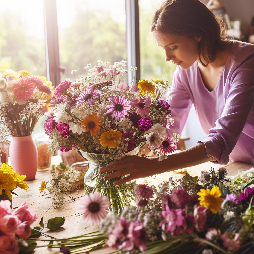 Florist making arrangement with daisy, Baby's Breathe, carnations.