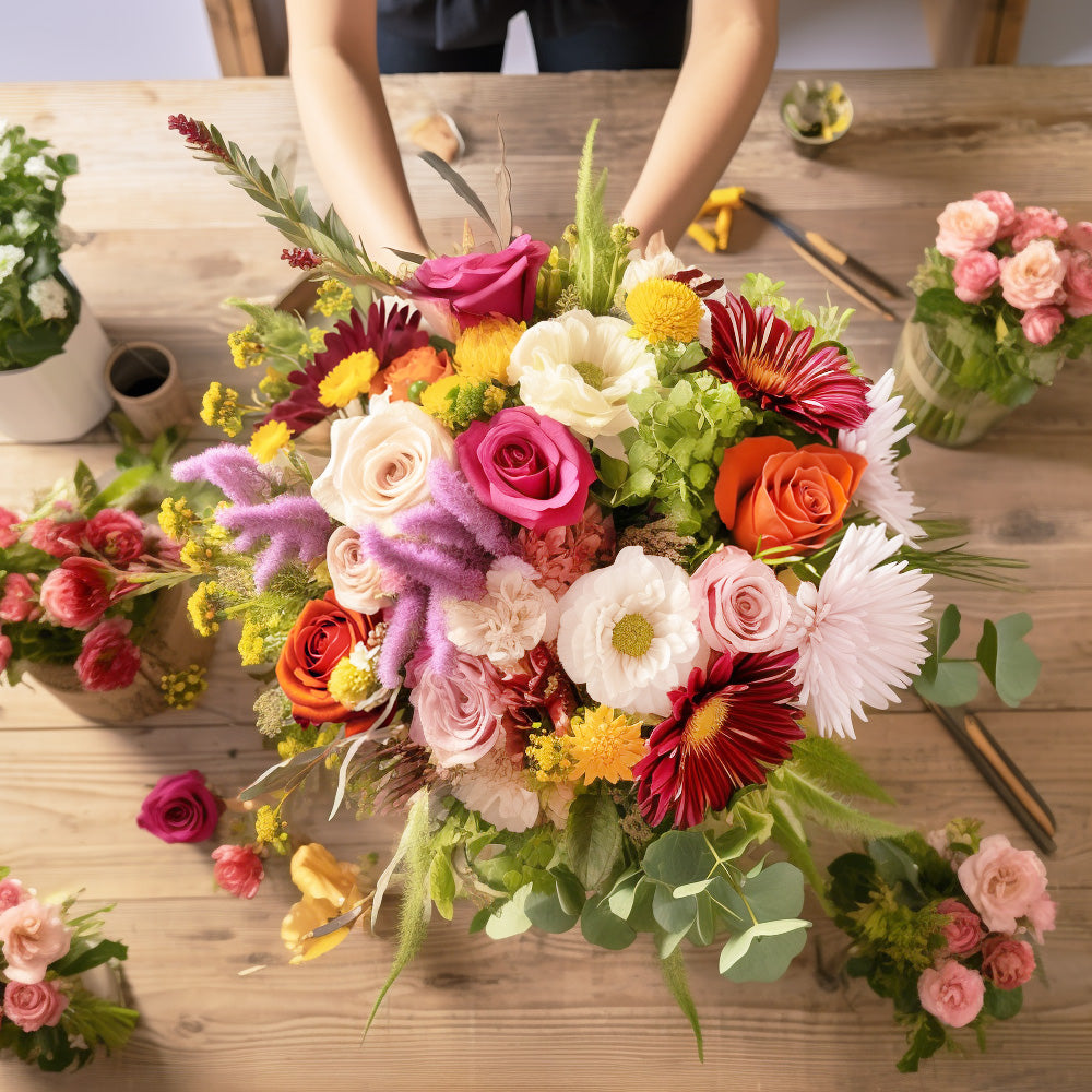 Floral arrangement made of Hot pink roses, Orange roses, Hydrangea, yellow buttons, Red daisy with eucalyptus and leucadendron.