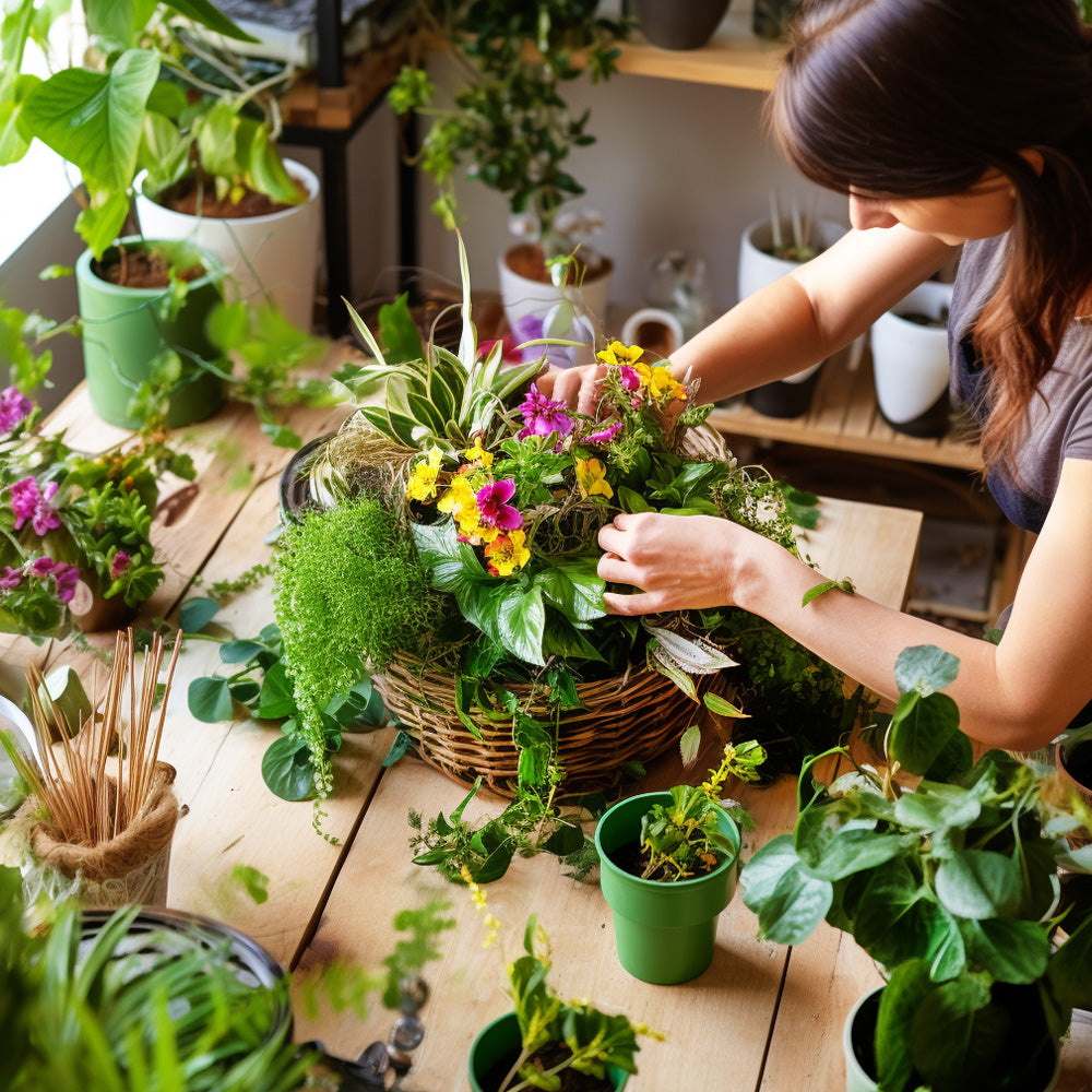 Florst creating a bespoke living garden in a wicker basketfor mothers day. 