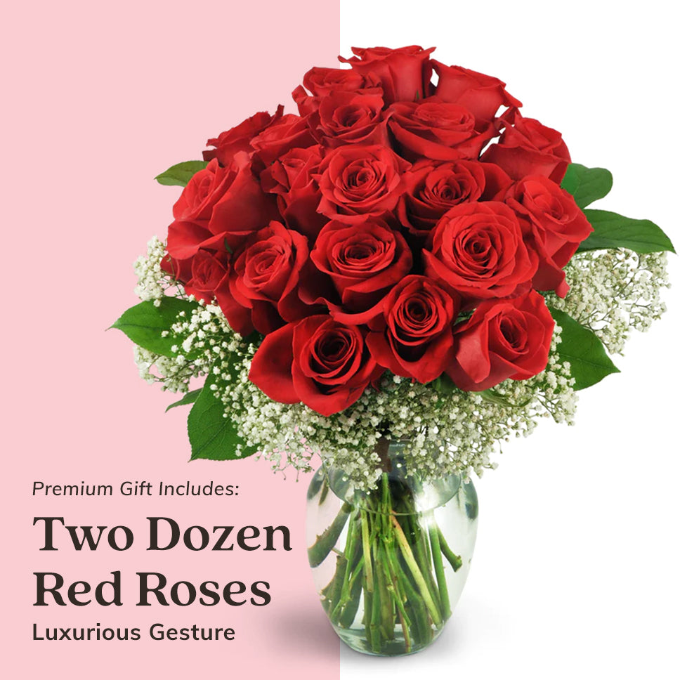 Showcase of the Premium gift selection with two dozen roses - a luxurious gesture.