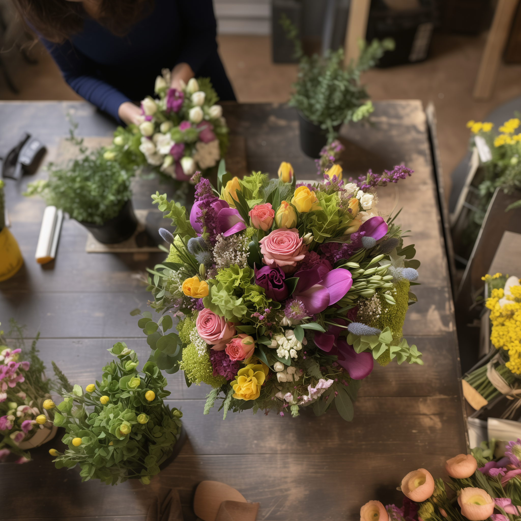 A florist designing, there are five arrangements and loose stems on a dark wooden work table