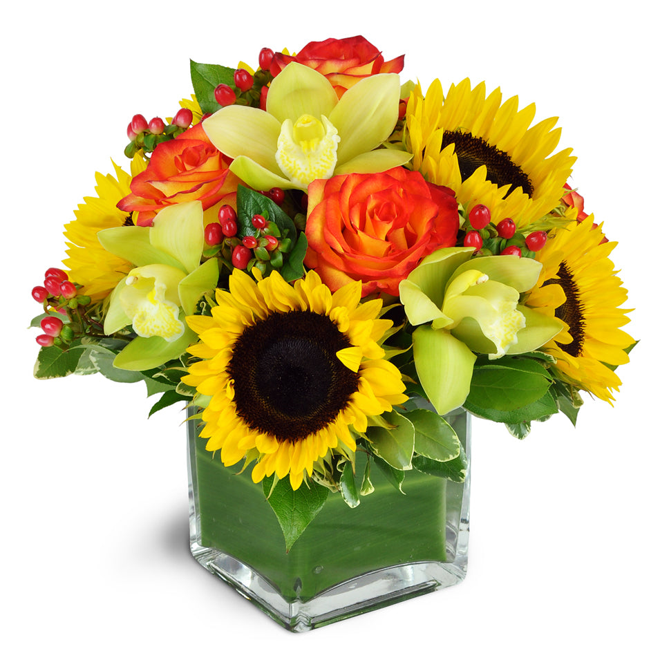 Sunrise Harvest. A spirited array of sunflowers, cymbidium orchids, and roses arranged in a glass vase.