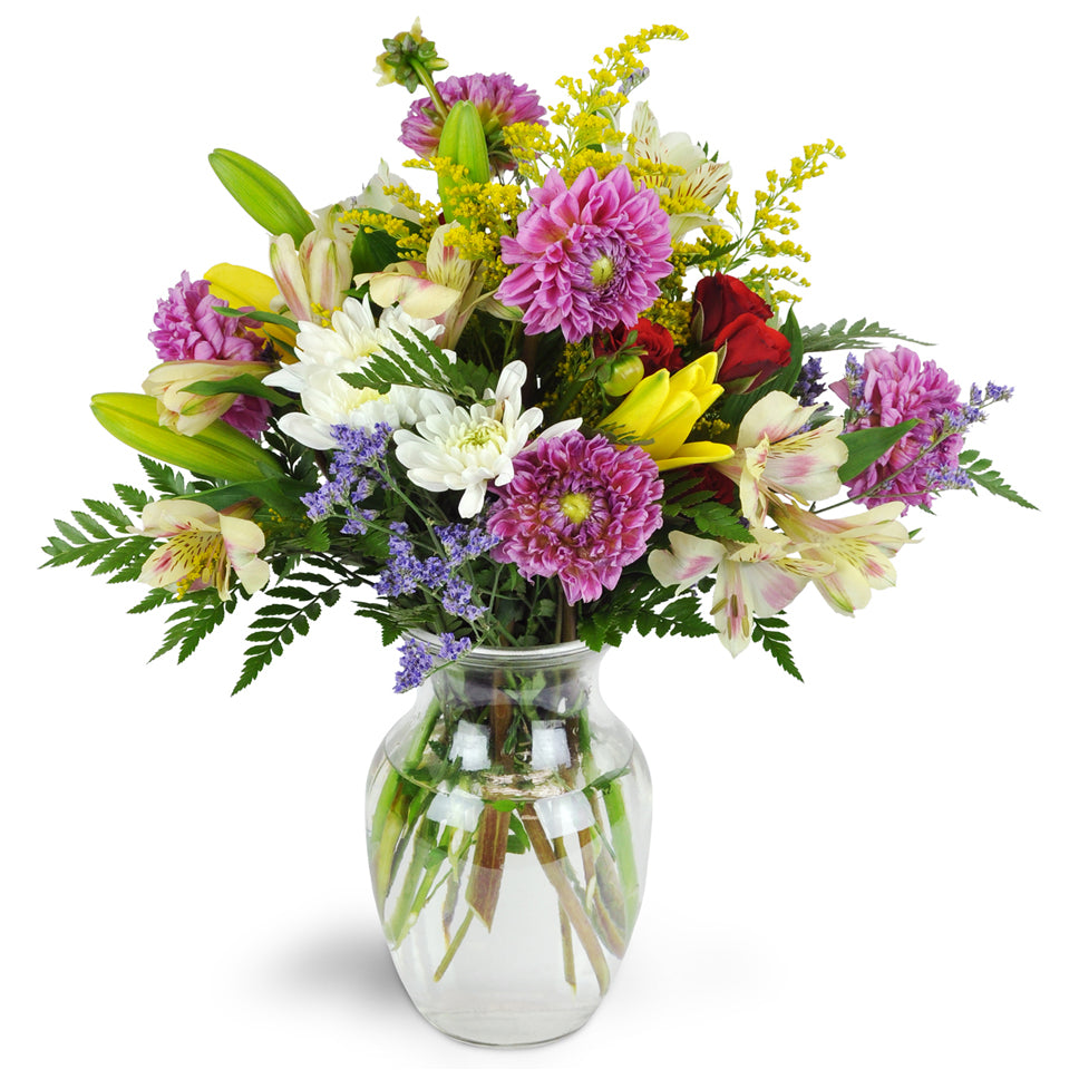 Best Buds Pastel Bouquet. A fresh mix of lilies, spray roses, carnations, and dahlias will make any day extra sweet. Arranged in a clear glass vase.