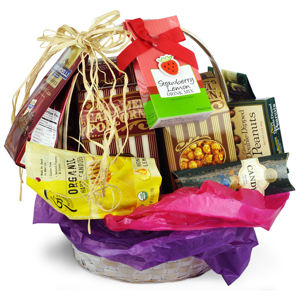 Sweet Treats. Approximately one dozen packets of assorted sweet treats are bundled in a basket and ready to enjoy.