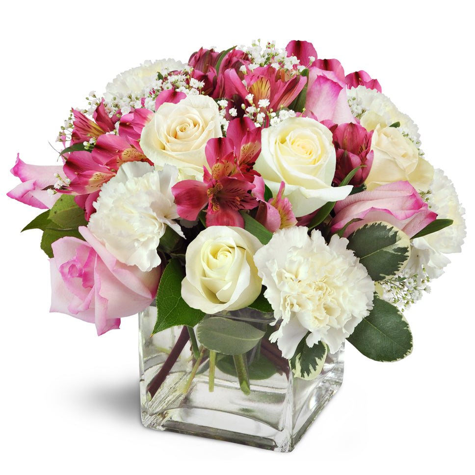 Blushing Blessing Cube premium flower arrangement. Handcrafted with pink roses, pink Peruvian lilies, and white carnations.