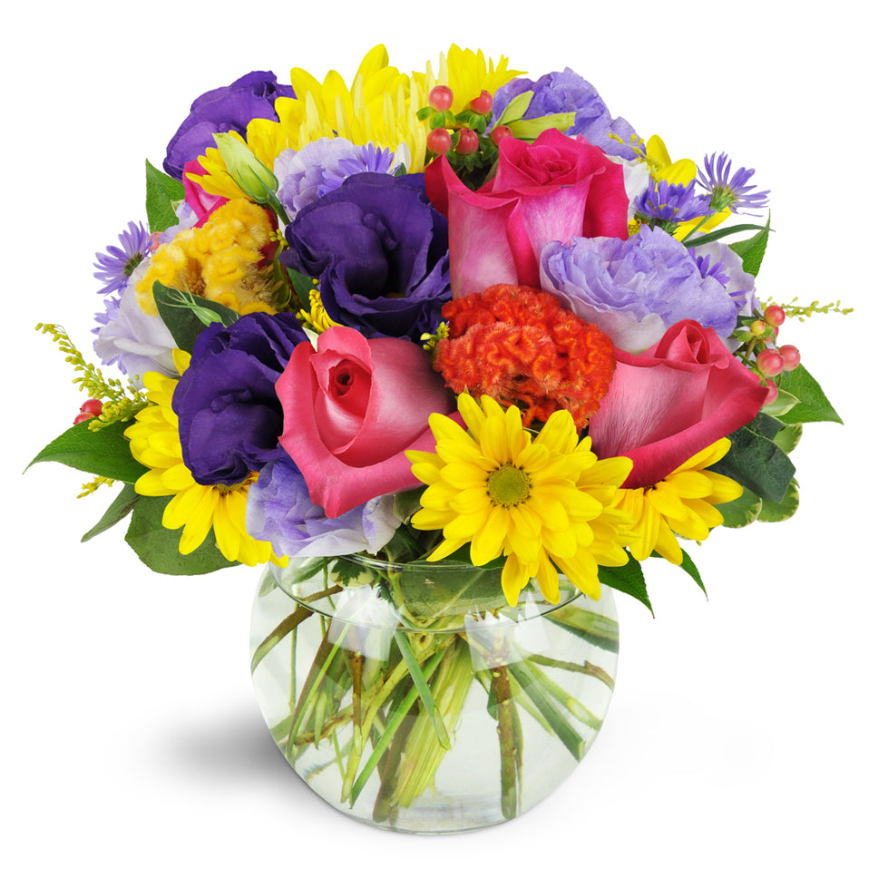 Birthday Blast - premium flower arrangement.  Bursting with colorful roses, daisies, and lisianthus, this bouquet is the perfect way to celebrate their big day.