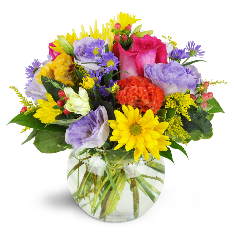 Birthday Blast - standard flower arrangement.  Bursting with colorful roses, daisies, and lisianthus, this bouquet is the perfect way to celebrate their big day.