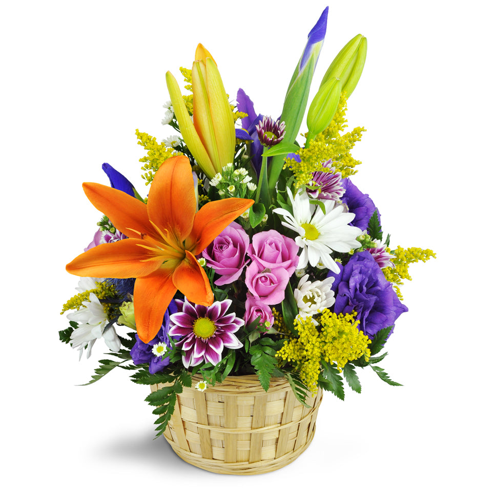 Ode to Springtime Basket™ - Deluxe. Send them lavender spray roses, daisies, and more in a natural wicker basket.