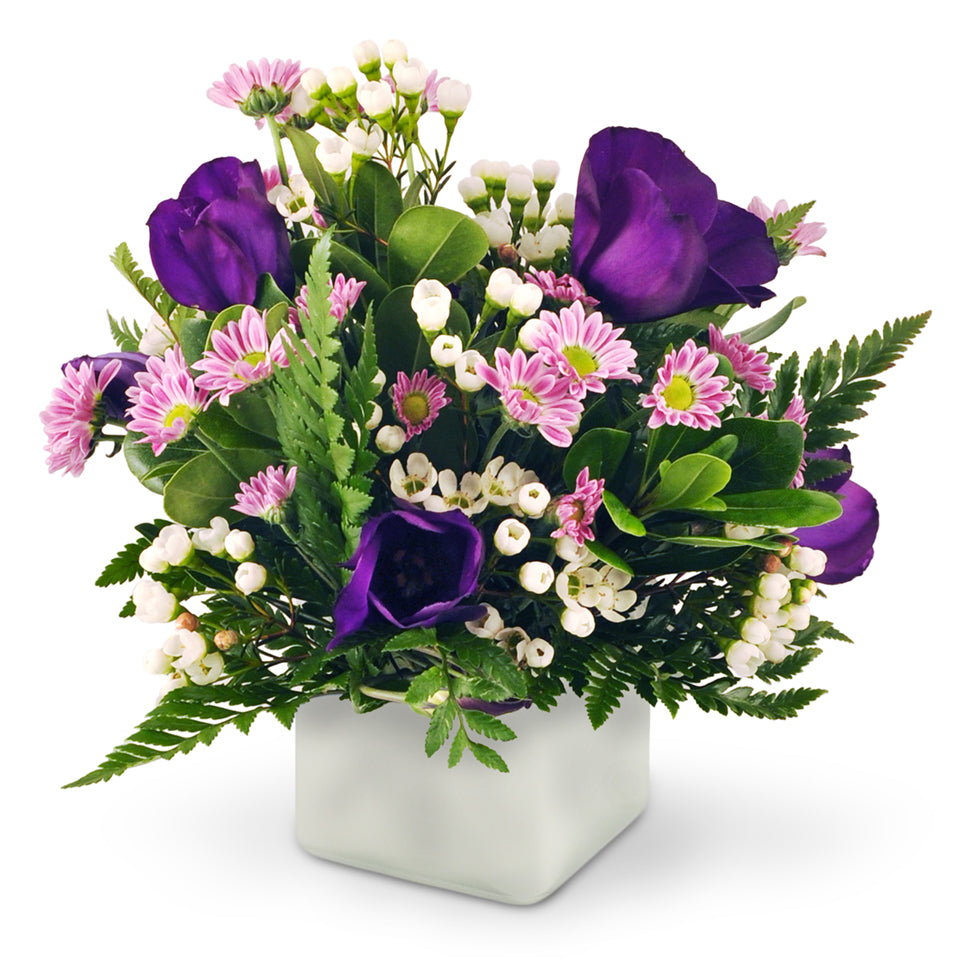 Wishes and Kisses - Standard. Delicate lisianthus, miniature daisies, and waxflowers are beautifully arranged in a glass vase and accented with leatherleaf and pittosporum.