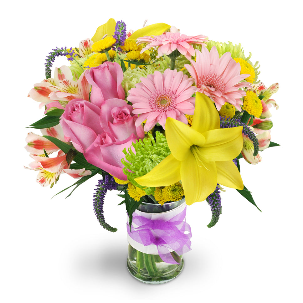 Spring Surprise - Premium. Happiness is in full bloom with this vibrant assortment of roses, mini Gerbera daisies, alstroemeria, veronica, and mums.