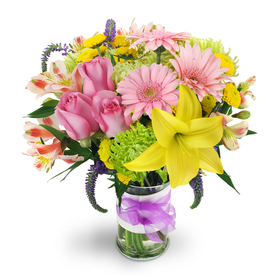 Spring Surprise - Deluxe. Happiness is in full bloom with this vibrant assortment of roses, mini Gerbera daisies, alstroemeria, veronica, and mums.