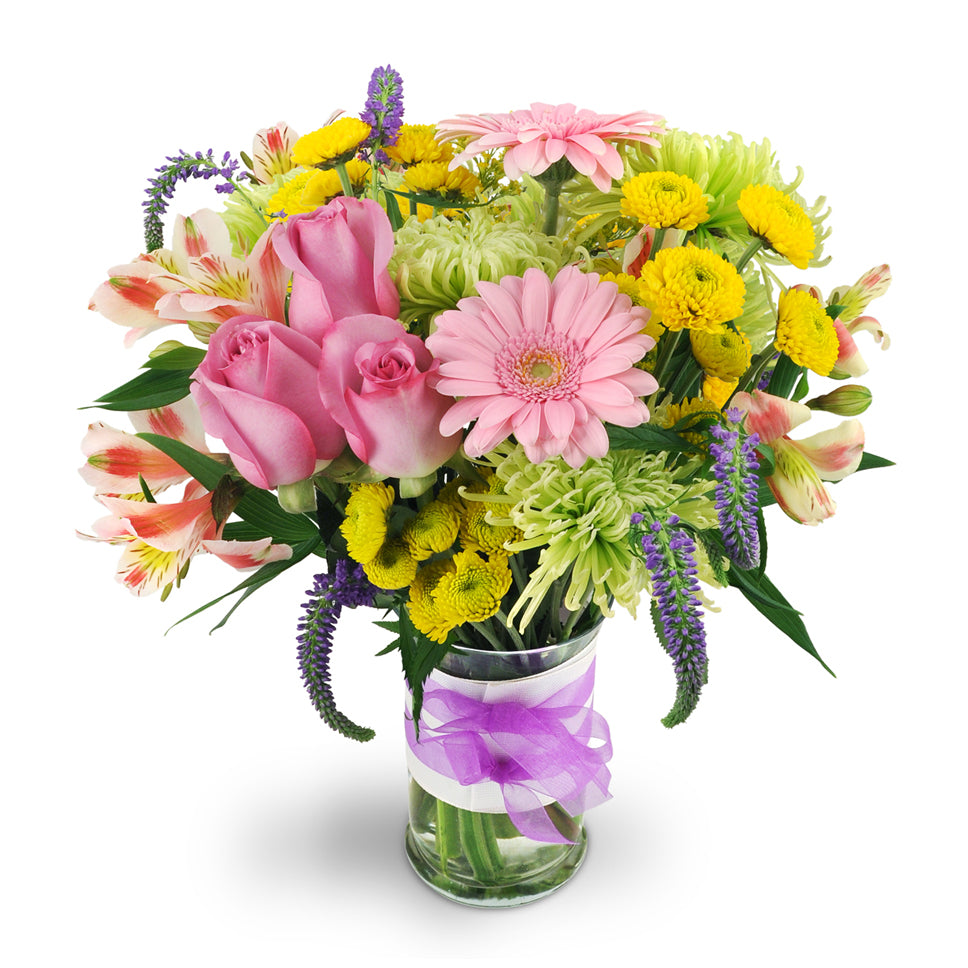 Spring Surprise - Standard. Happiness is in full bloom with this vibrant assortment of roses, mini Gerbera daisies, alstroemeria, veronica, and mums.