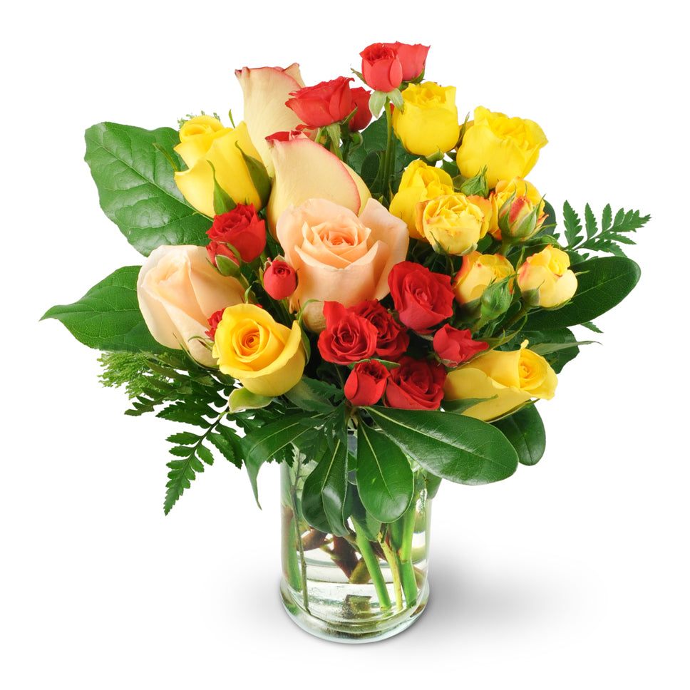 Rose Delight. Red, pink, and yellow roses mingle with yellow and red spray roses in a classic vase.