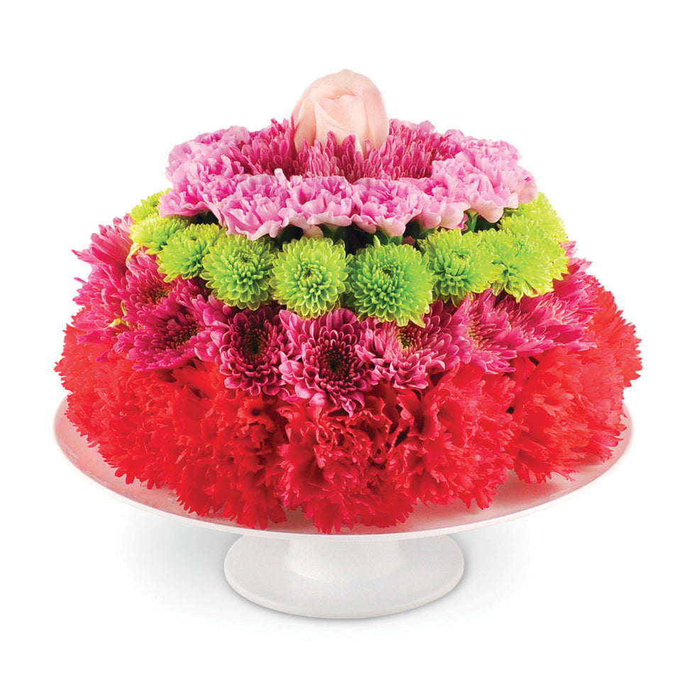 Birthday Treat - a flower arrangement designed to look like a cake with carnations, chrysanthemums, miniature carnations, and a single perfect rose.