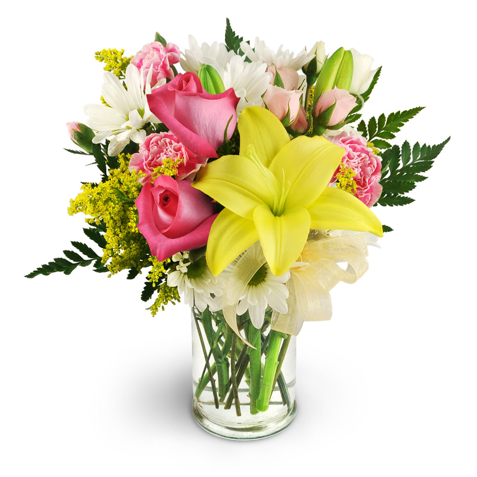 The Prettiest Picture - Deluxe. Gift them a delightful grouping of Asiatic lilies, pink spray roses, chrysanthemums, and mini carnations.