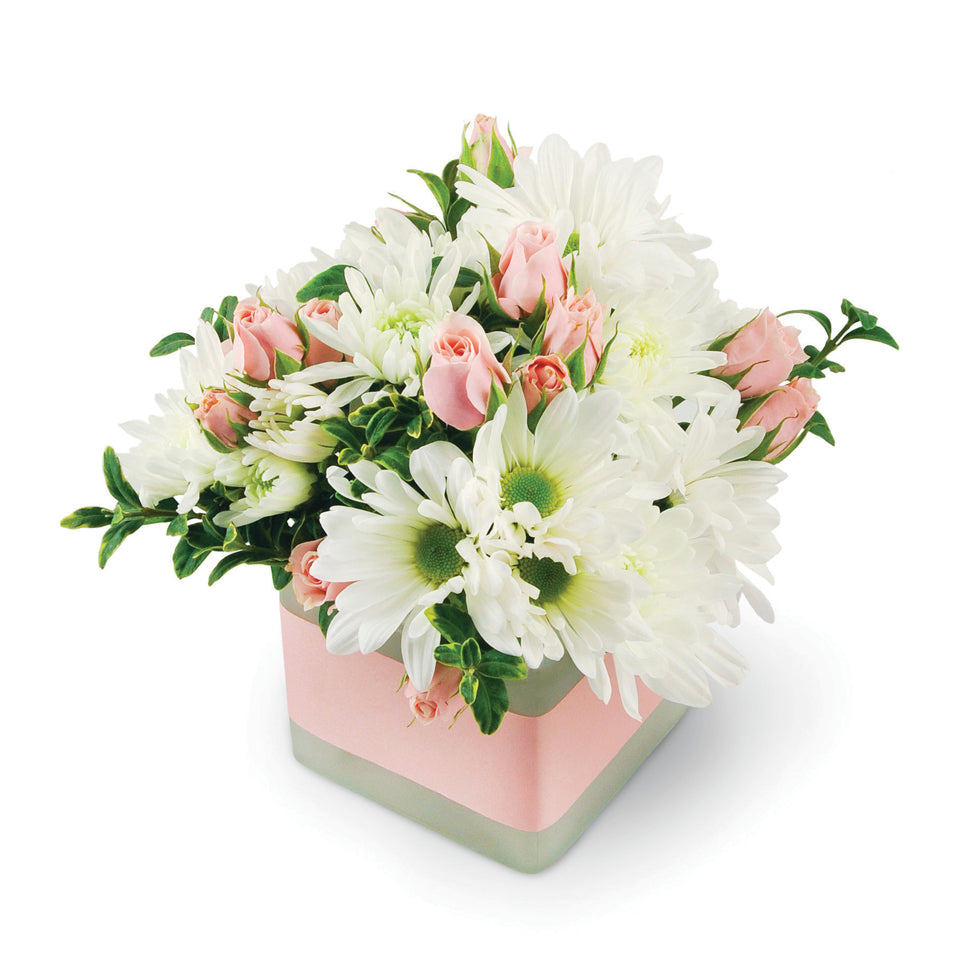 Precious Pinks. Surprise them with pink spray roses, white chrysanthemums, and oregonia topped off with a pretty pink ribbon.