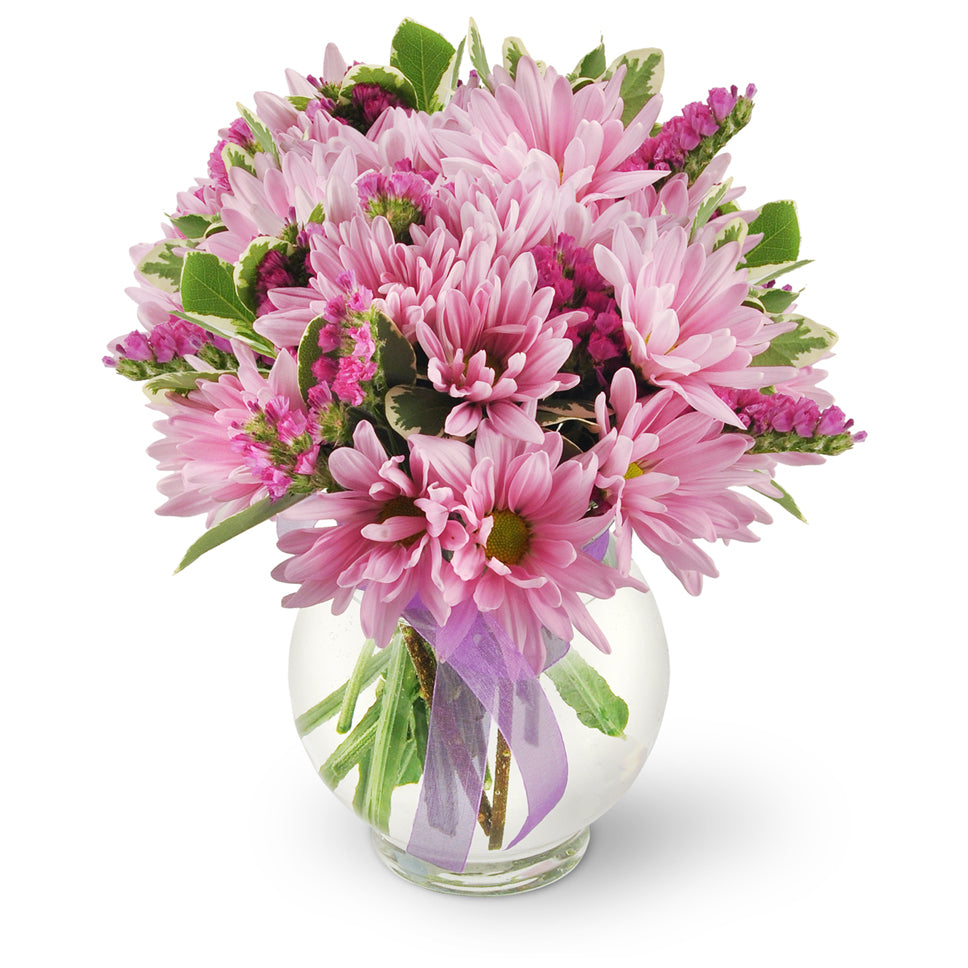 Happy Thoughts - Premium. This joyful bouquet features lavender daisies, statice, and assorted greenery.