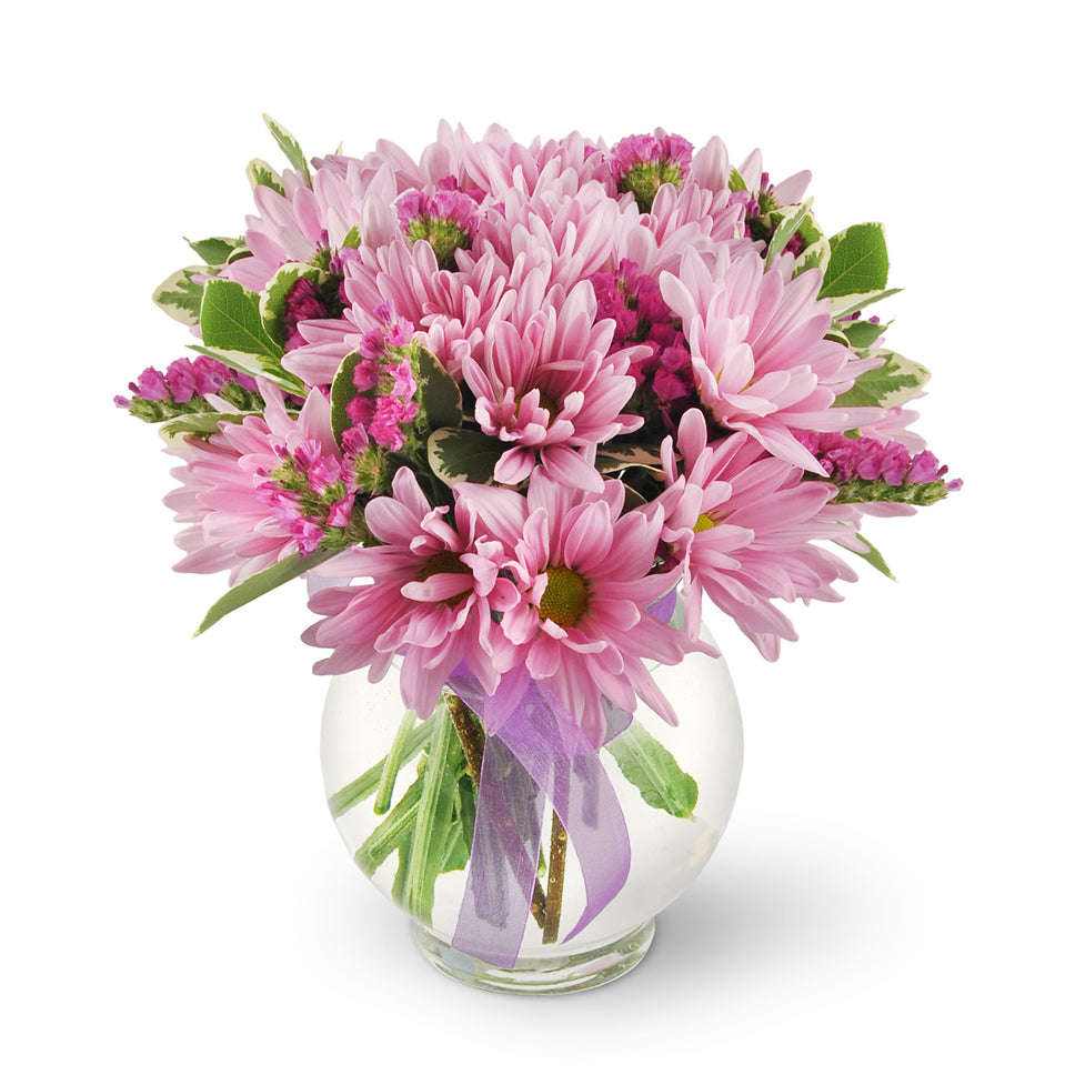 Happy Thoughts - Deluxe. This joyful bouquet features lavender daisies, statice, and assorted greenery.