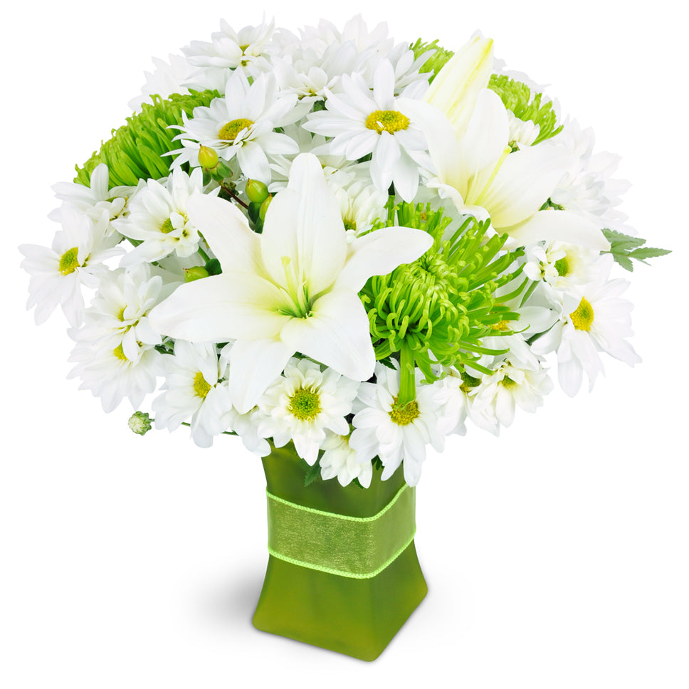 Garden Fresh - Premium. White daisies are perfectly completed with assorted greenery and a ribbon.