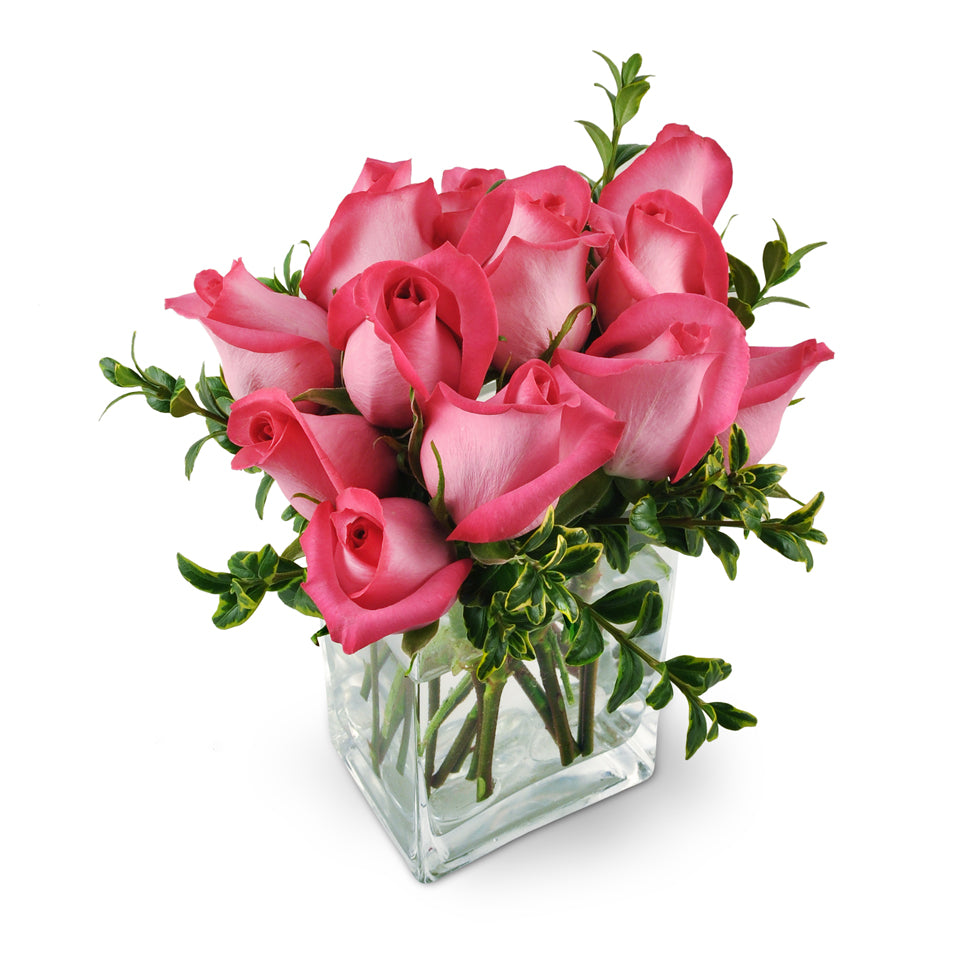 Pink Infatuation. Twelve stunning hot-pink roses are arranged with fresh oregonia in a modern glass vase.