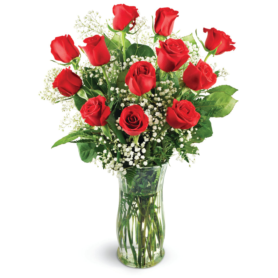12 Classic Red Roses: Fresh Cut Flowers Lush red roses and baby’s breath are lavishly designed to create a moment they’ll never forget.