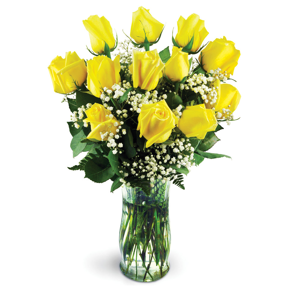 Classic Yellow Roses. A dozen beautiful yellow roses are perfectly arranged with baby's breath, leatherleaf, and salal.