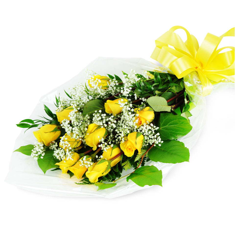 Perfect Wrapped Long-Stemmed Yellow Roses. A dozen long-stemmed yellow roses are wrapped and tied with a bow.
