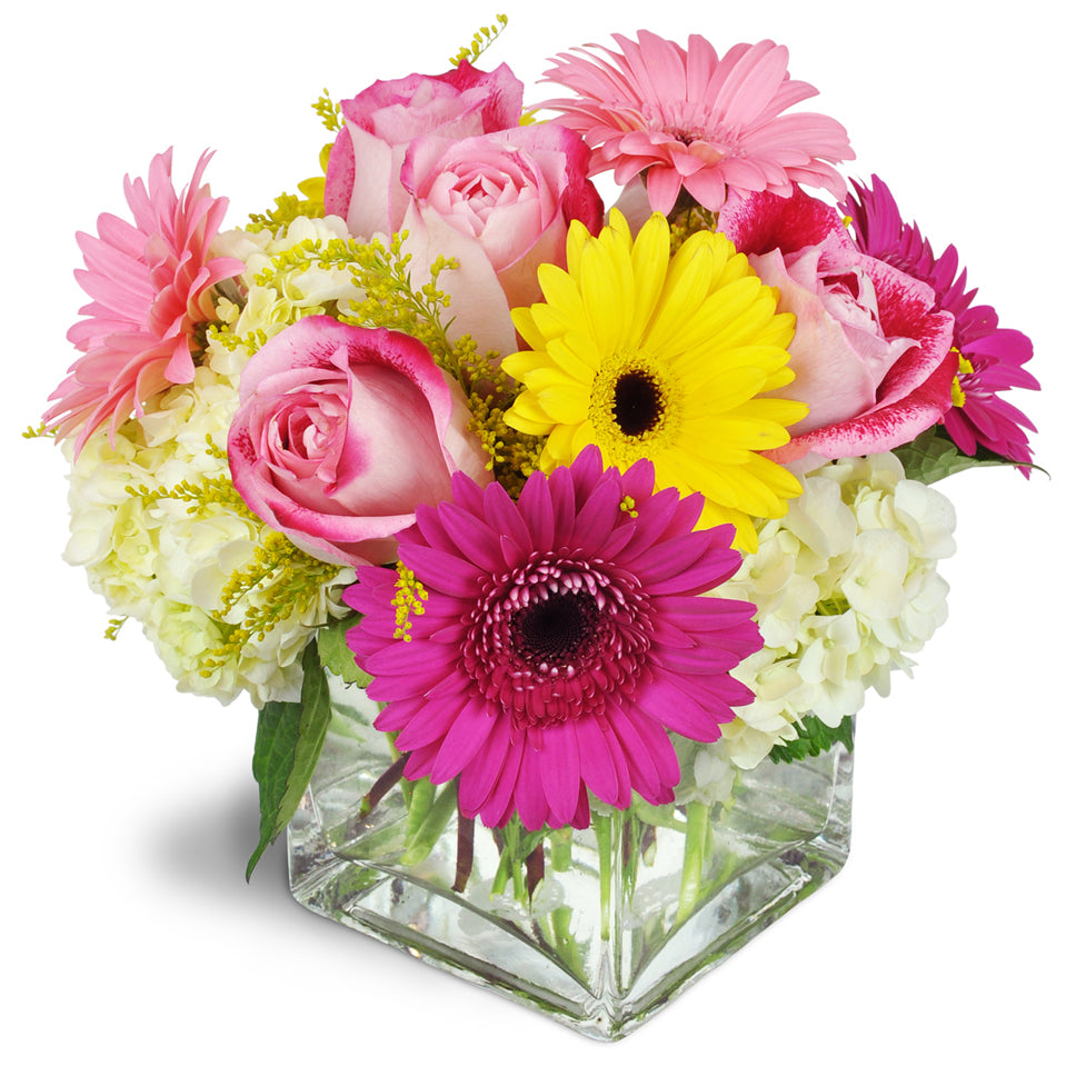 Strawberry Bliss™. Gerbera daisies, roses, and hydrangea are arranged in a modern clear glass vase.