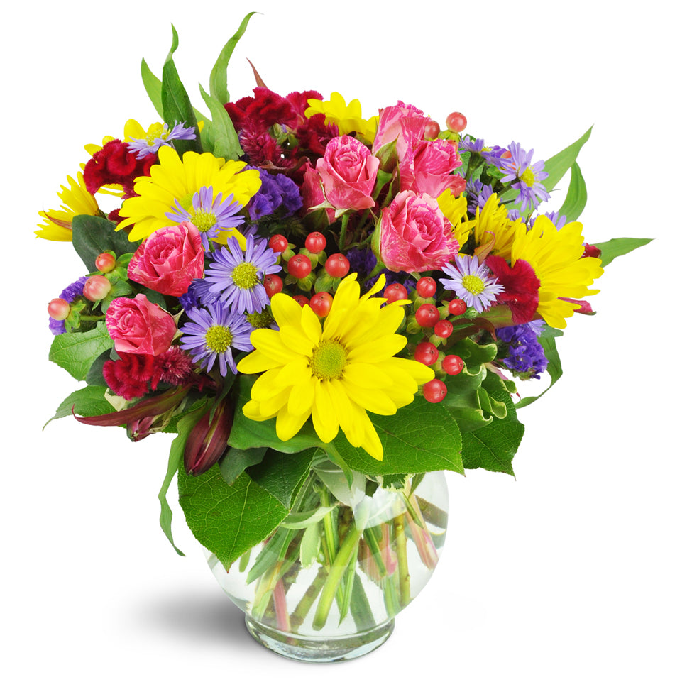 Joyful Thanks™ - Deluxe. Yellow daisies, purple asters, pink spray roses, and more are delightfully arranged in a fun bubble bowl.