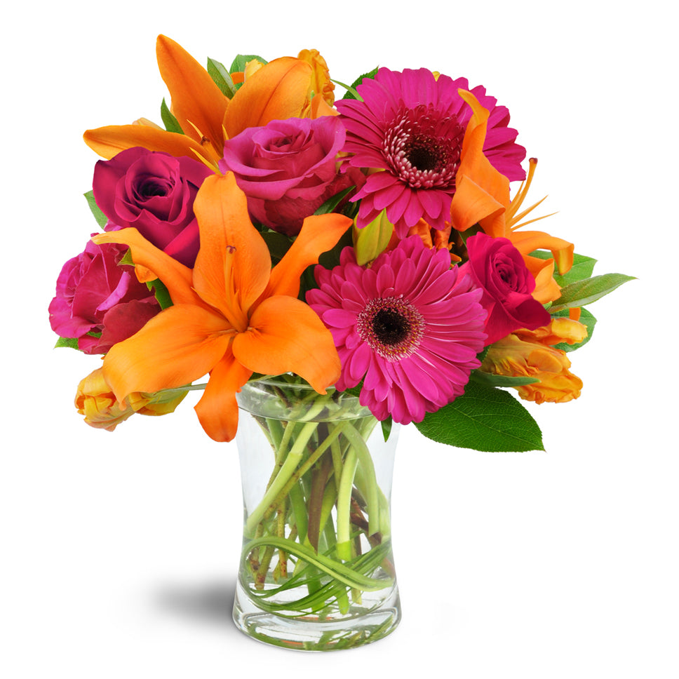 Vibrant Shine™ - Premium. Gift them asiatic lilies, roses, Gerbera daisies, and tulips arranged with bear grass in a classic glass vase.