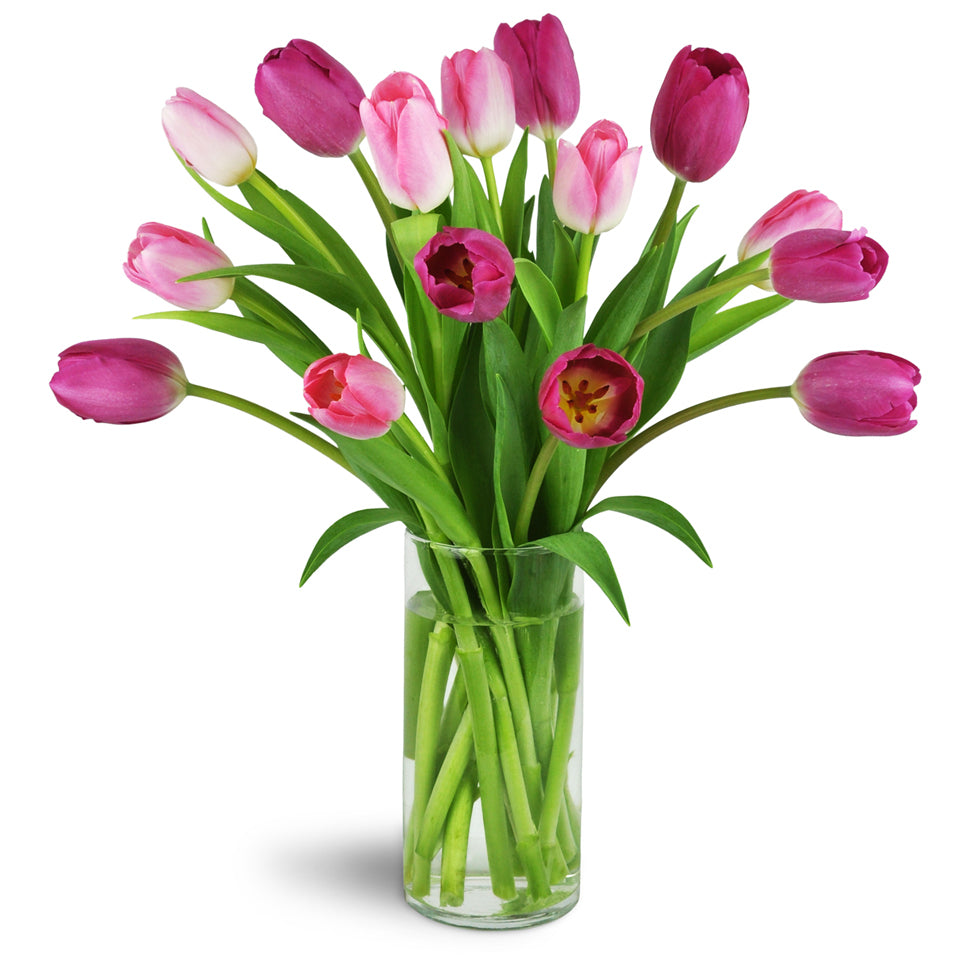 Perfect Pink Tulips™ - Deluxe. Featuring a stunning assortment of tulips in all shades of pink arranged in a clear vase for optimal enjoyment.