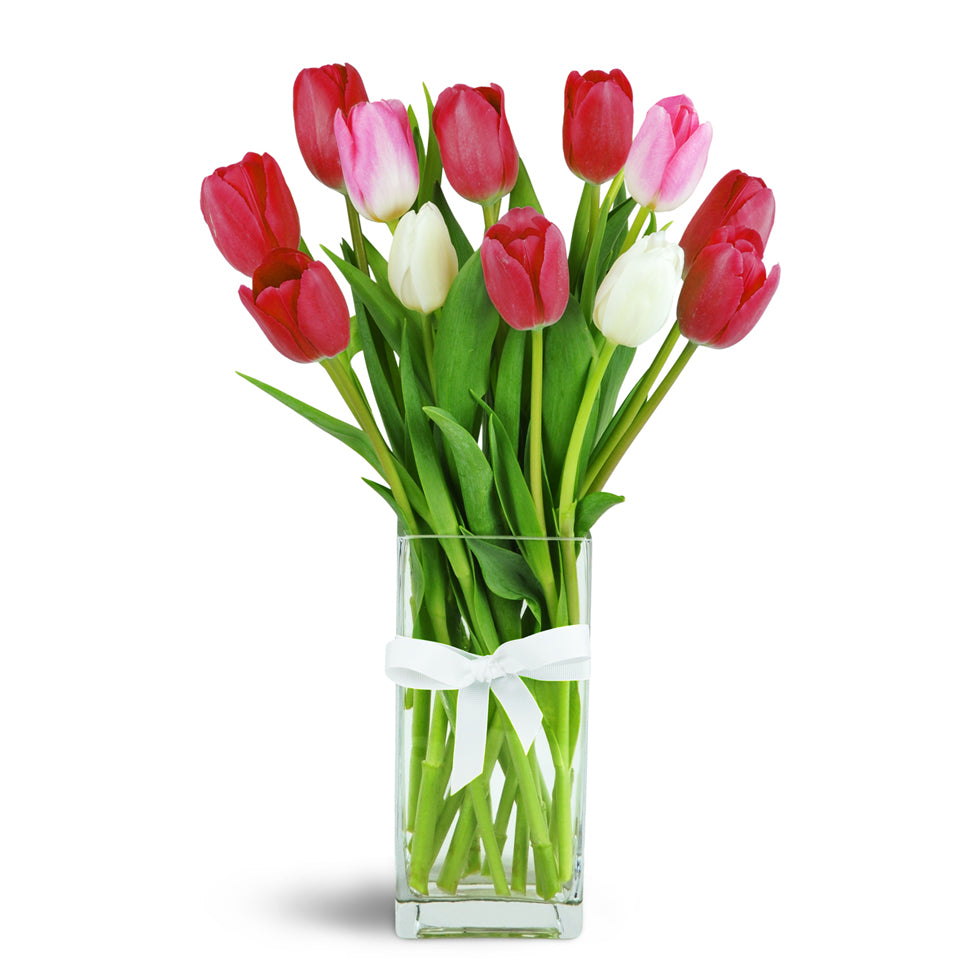 So Sweet™ - Standard. Red, pink, and white tulips are cheerfully arranged in a glass vase.