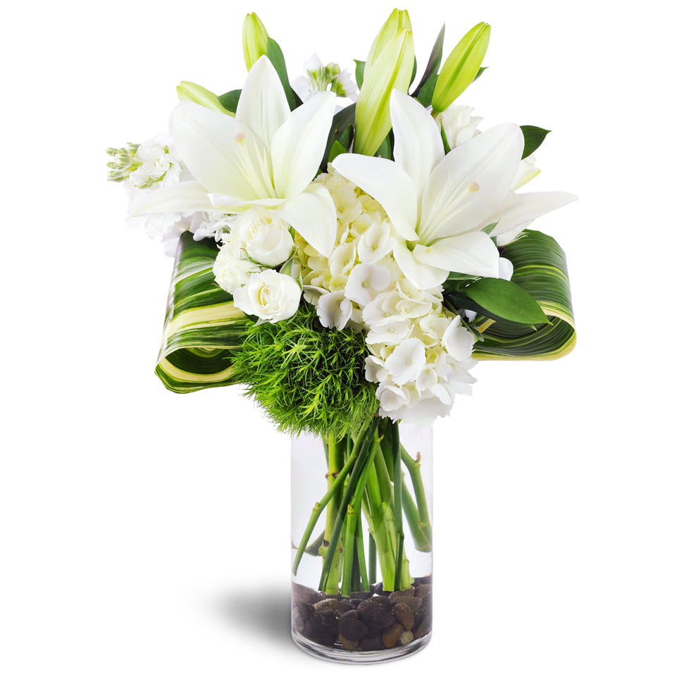 Inspired Blooms™ - Standard. White lilies, white hydrangea, and white spray roses are accented with green dianthus, aspidistra, and Israeli ruscus.