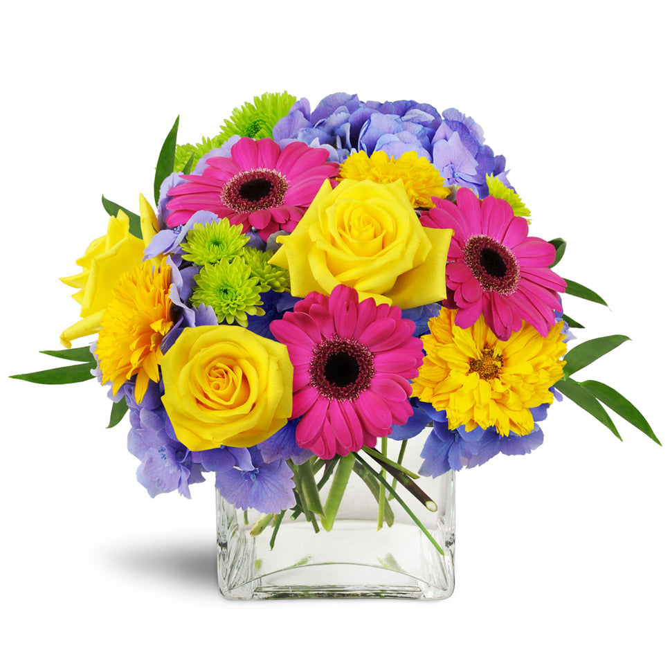 Blooming Medley deluxe flower arrangement. Purple hydrangea, Gerbera daisies, and roses come together to create a colorful collection that's bursting with elegance.