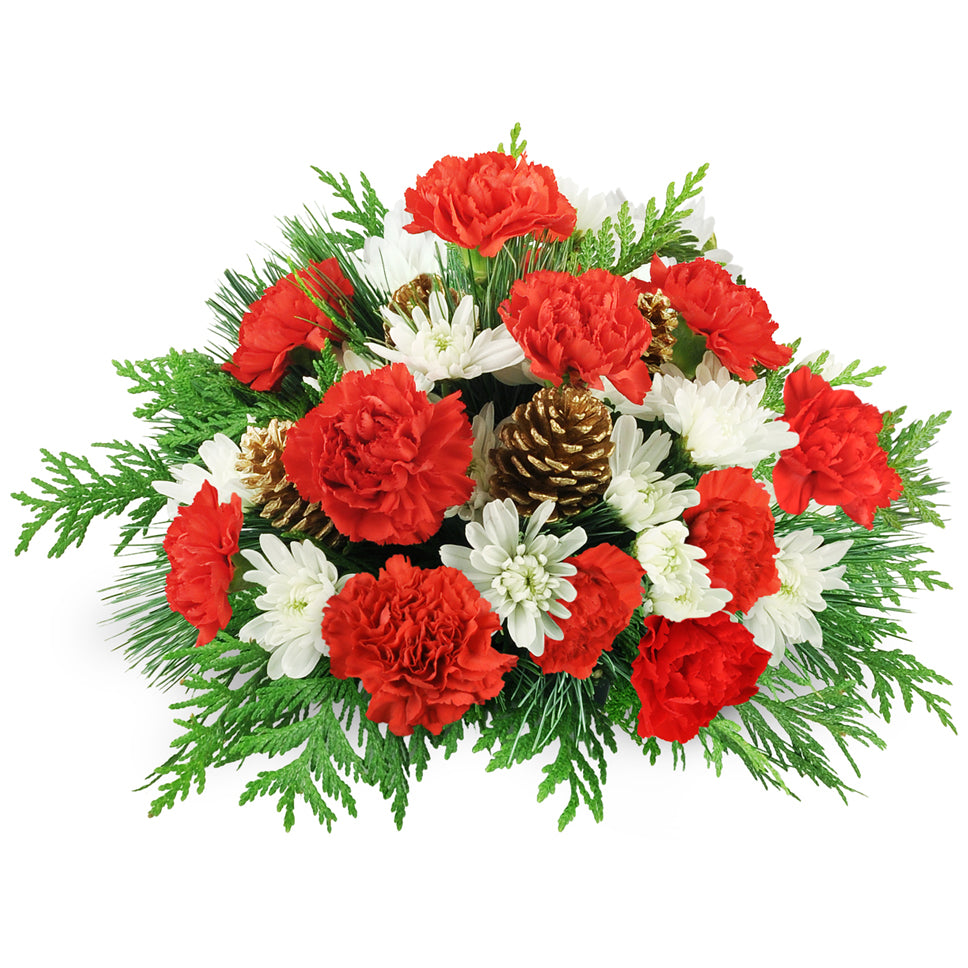 Joyful Greetings - Premium. Carnations and cushion spray mums are accented with cedar, pine, and pinecones.