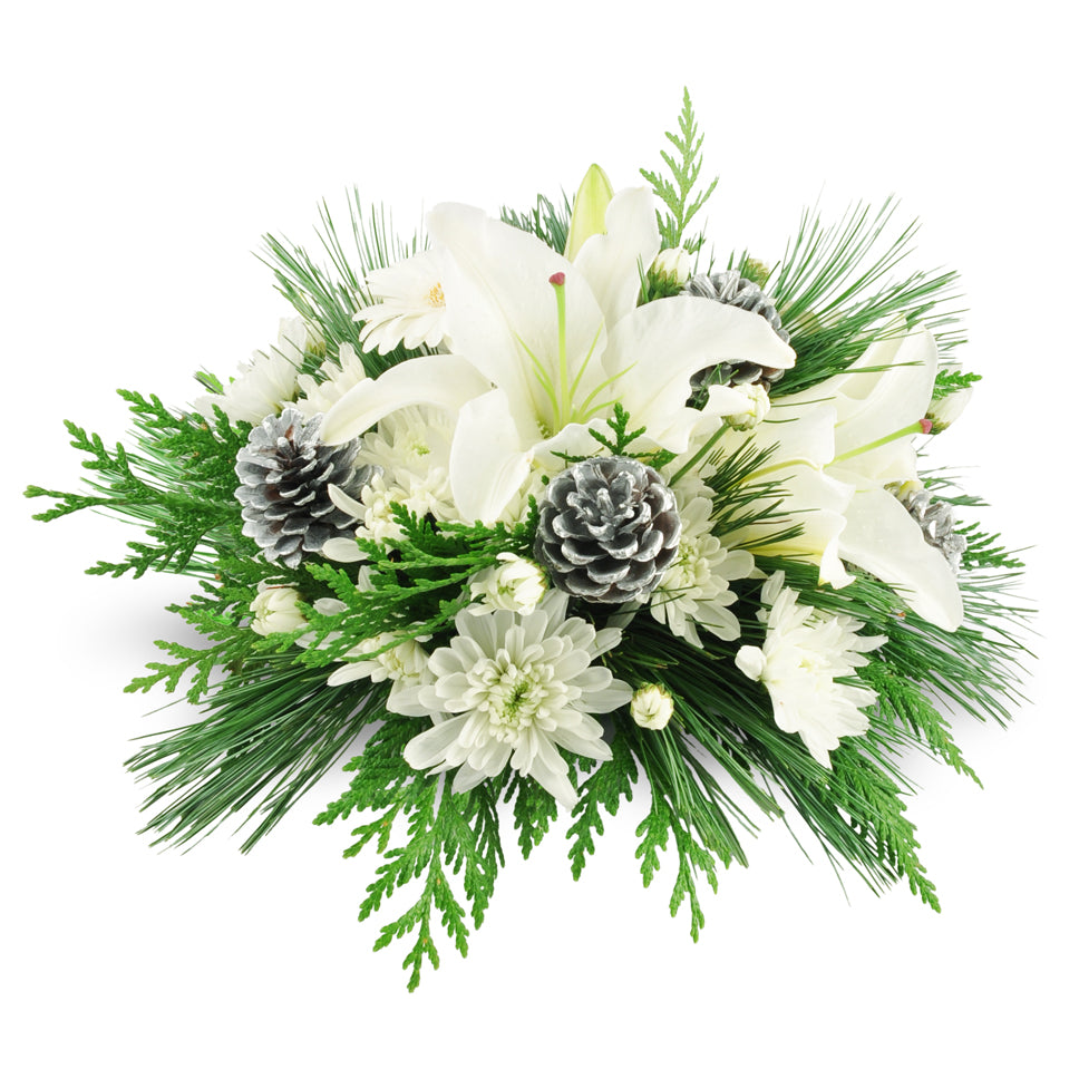 A Winter Wonderland flower arrangement. Lilies, miniature Gerbera daisies, and white mums are accented with silvery pinecones and winter greens.