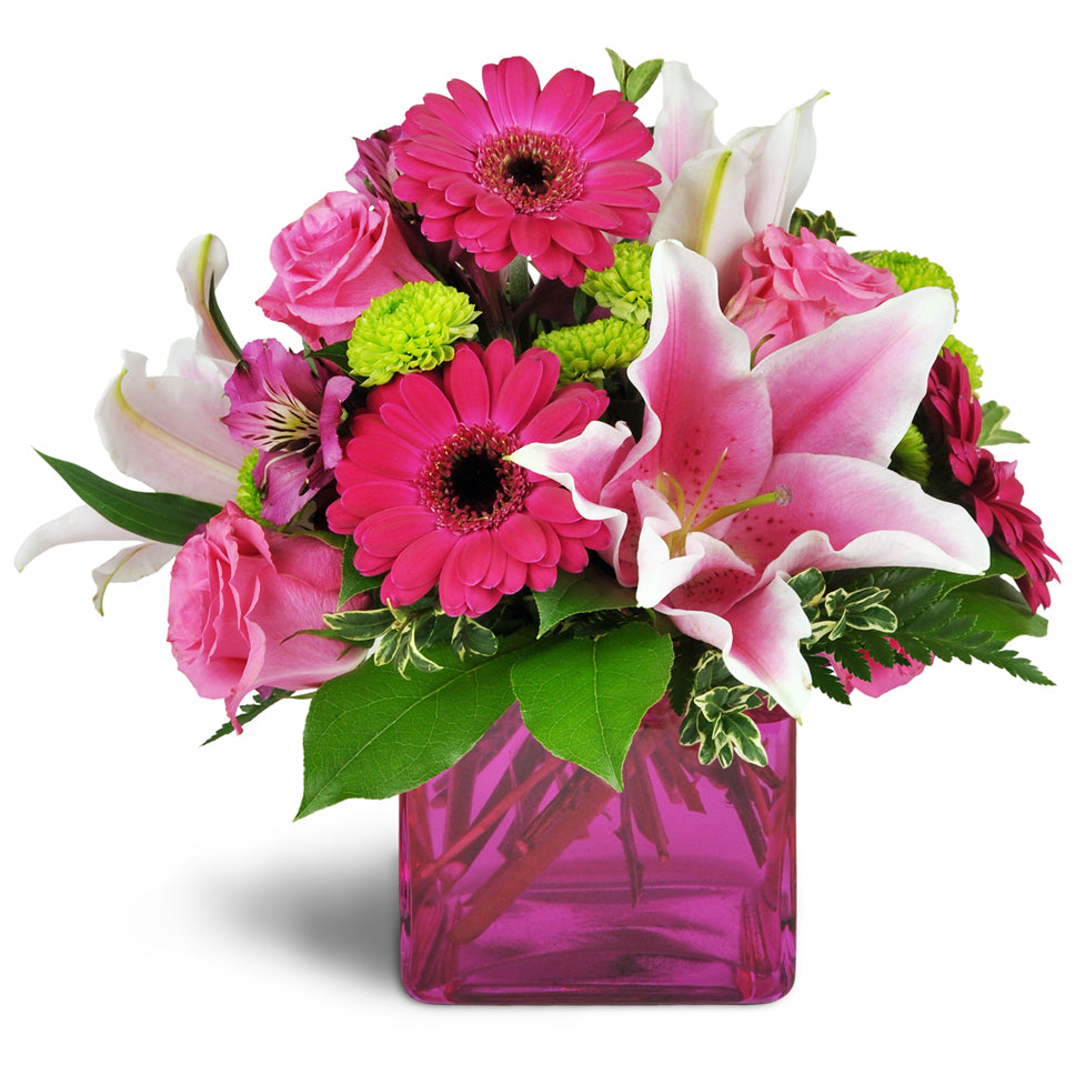 In the Pink™. Brimming with Stargazer lilies, mini Gerbera daisies, pink roses, and more, this bouquet is designed with your loved one in mind.