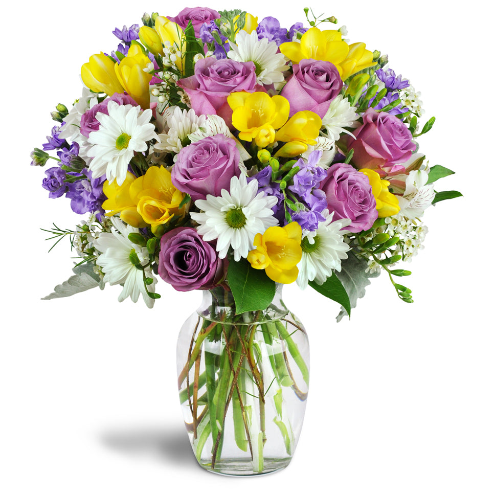 Sunshower Bouquet™ - Premium. Lavender roses, cheerful white daisies, and fragrant yellow freesia are arranged in a glass vase.